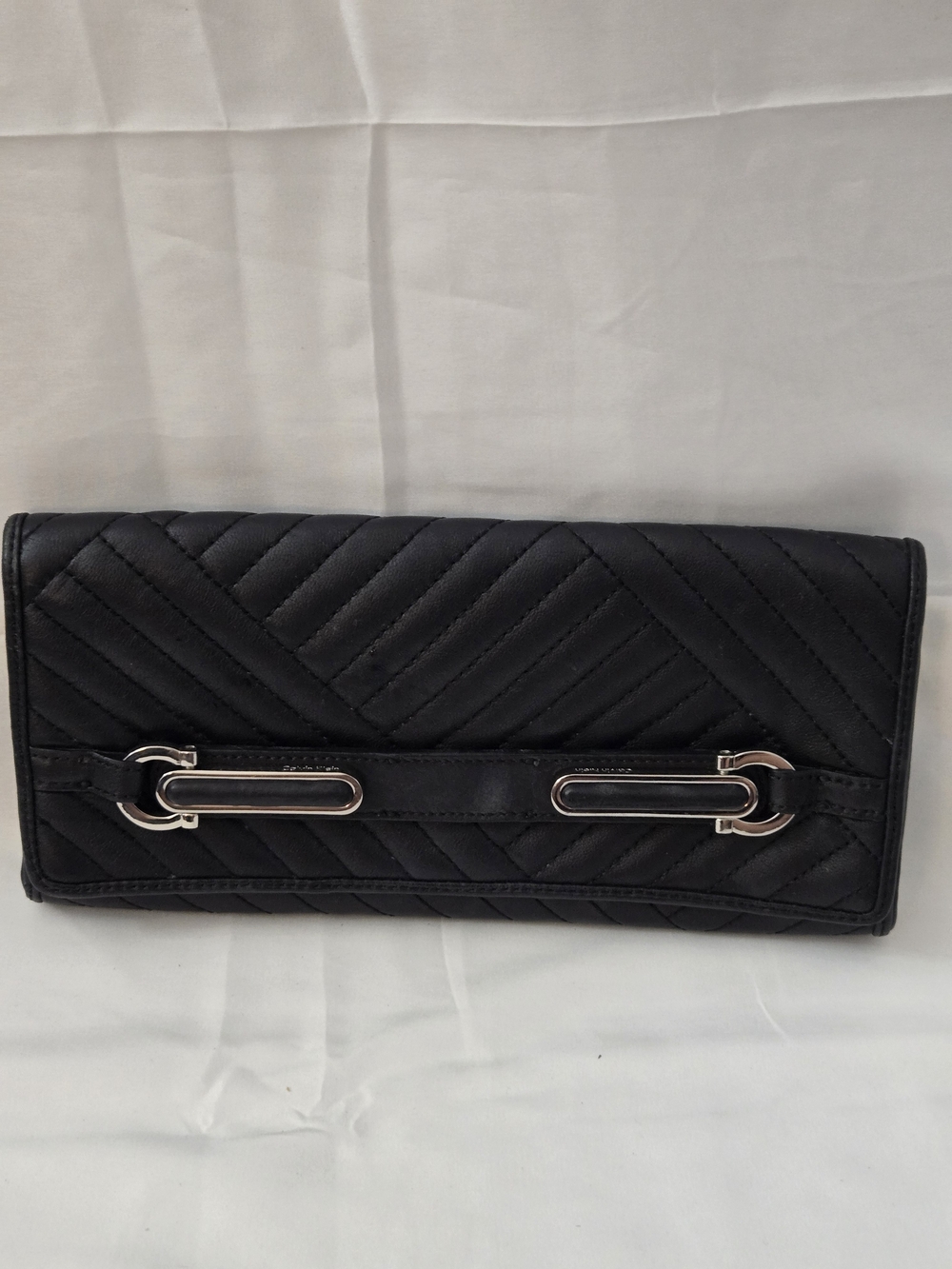 Calvin Klein Black Chevron Quilted Foldover Clutch Silver Hardware Evening Bag